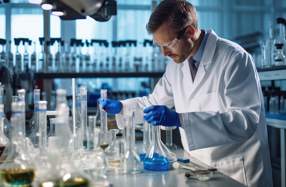 A chemist wearing safety goggles and latex gloves in a laboratory safely handles laboratory glassware