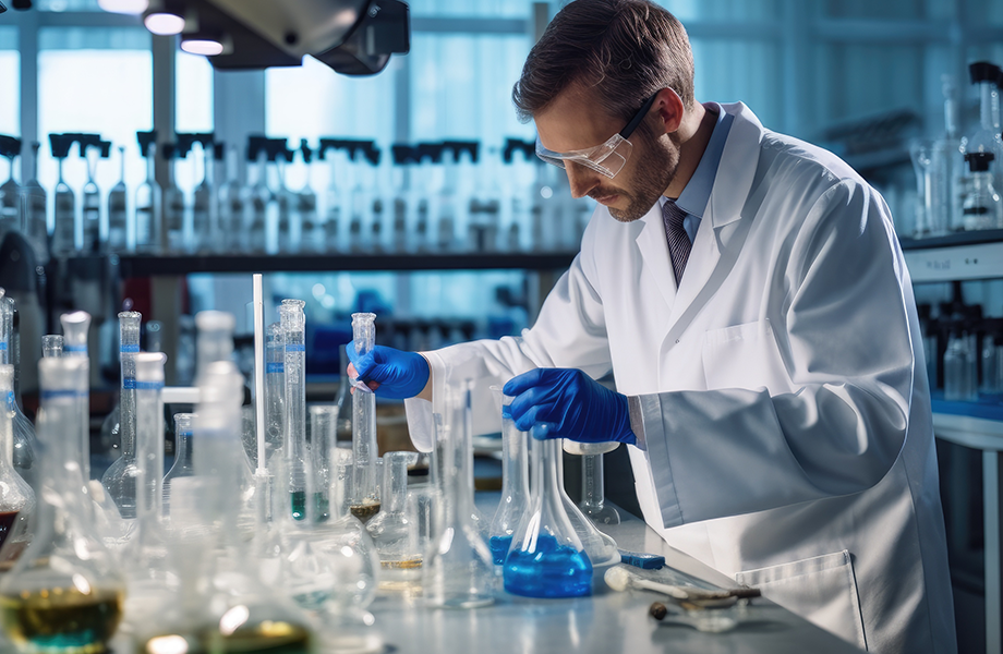 Ein Chemiker mit Schutzbrille und Latex-Handschuhen in einem Labor hantiert sicher mit Laborglas